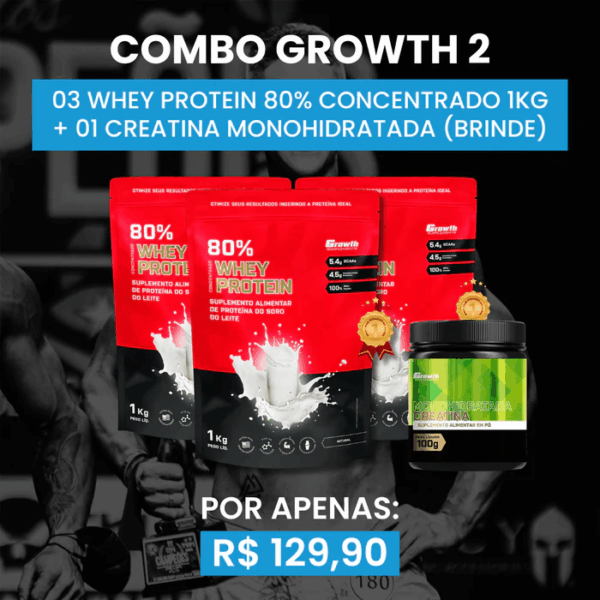 [COMBO 2] 03 WHEY PROTEIN 80% CONCENTRADO 1KG + 01 CREATINA MONOHIDRATADA 100G