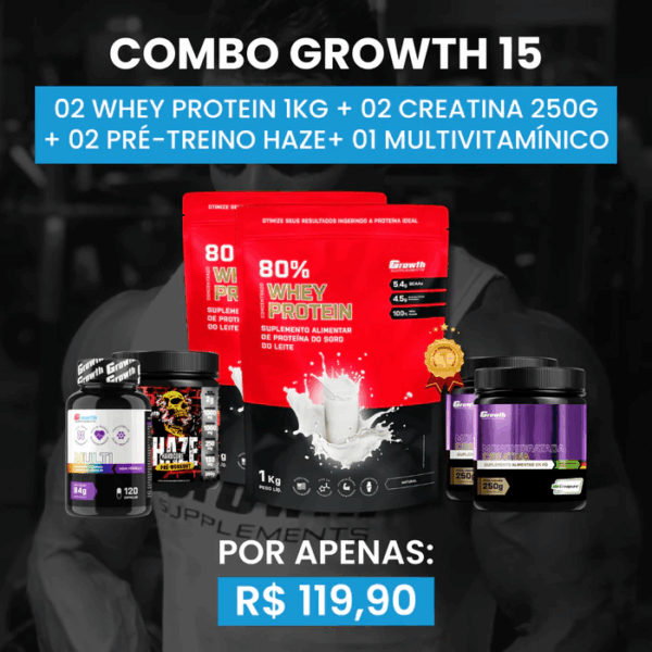 [COMBO 15] 02 WHEY PROTEIN 80% CONCENTRADO 1KG + 02 CREATINA MONOHIDRATADA 250G + 01 PRÉ-TREINO HAZE 300G + 01 MULTIVITAMÍNICO (120 CAPS)